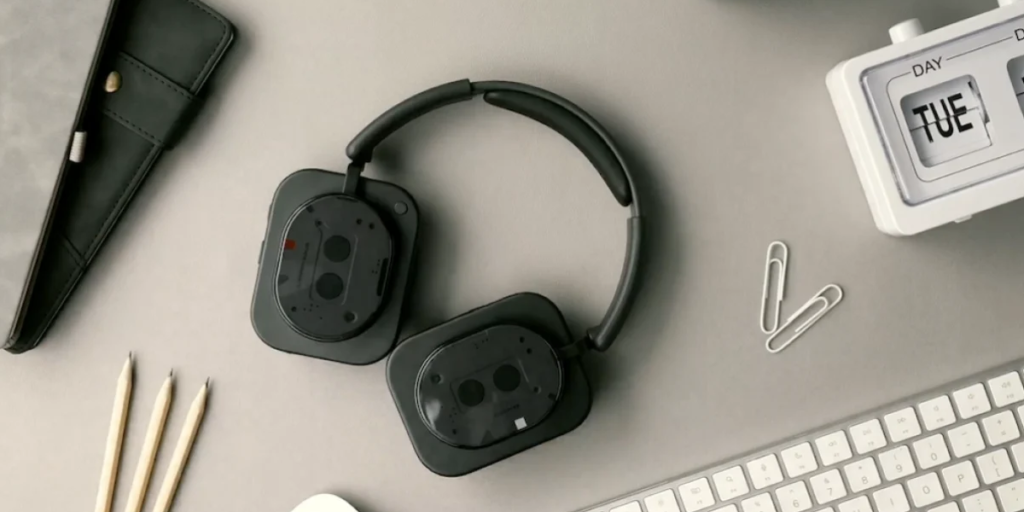 Side-profile view of the Nothing Headphone 1 over-ear headphones, featuring clear transparent earcups, silver aluminum hardware, and plush black ear cushions.